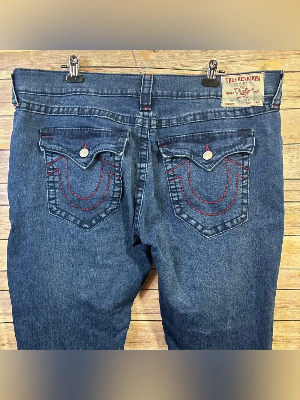 True Religion Men's Blue Jeans with Red Stitching Size 40 x 30